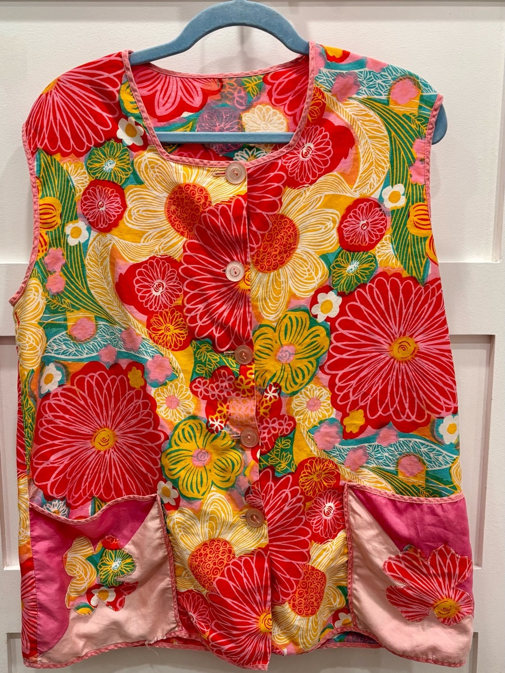 Bright Floral Button-Front Vest - Pink & Red Dahlias Artist Vest Teacher Smock